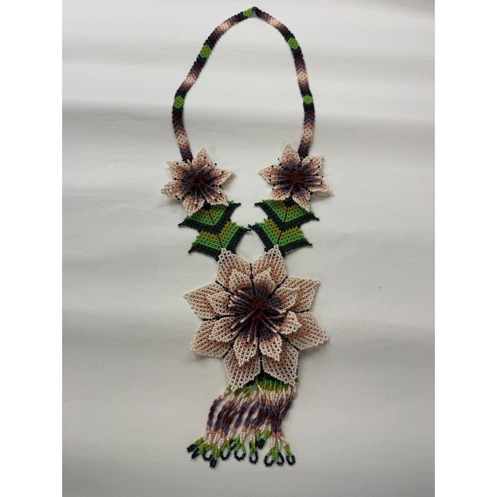 Handmade Artisanal Beaded Statement Floral Necklace Gorgeous Hand Crafted